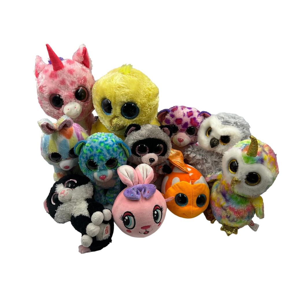 Large Plush Lot TY‎ Beanie Boos Big Eyes 10 Pieces Owl Chicks Unicorn Cats